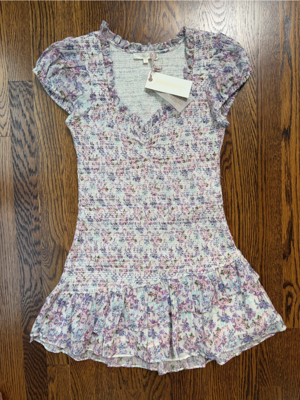 LOVESHACKFANCY Size P Floral Smocked Ruffle Women’s Mini Dress — Lavender Pink